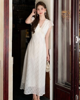 Polka dot short sleeve chiffon elegant dress for women