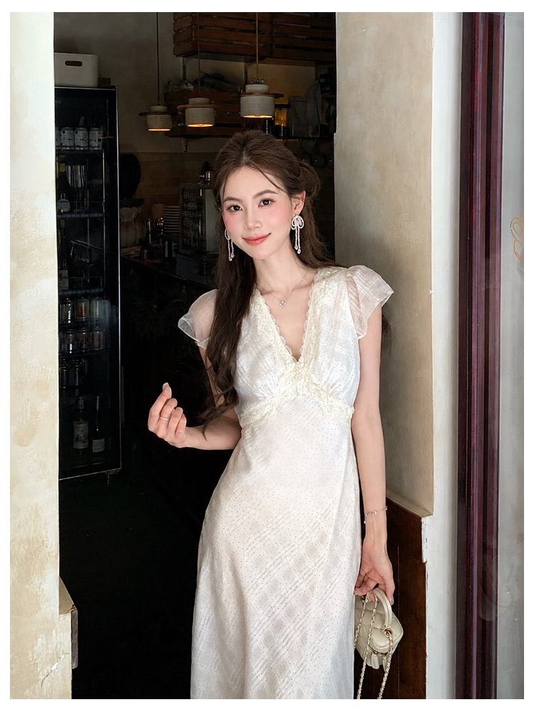 Polka dot short sleeve chiffon elegant dress for women
