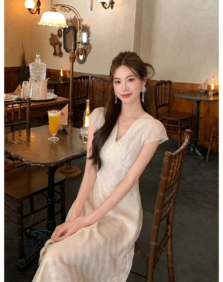 Polka dot short sleeve chiffon elegant dress for women