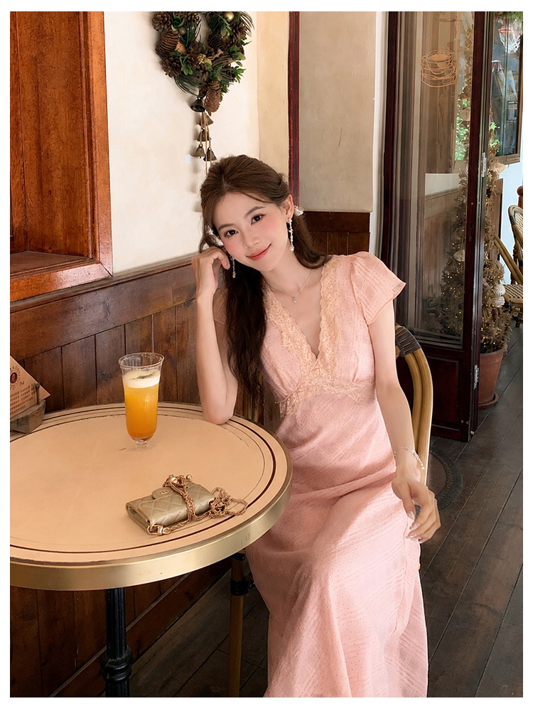 Polka dot short sleeve chiffon elegant dress for women