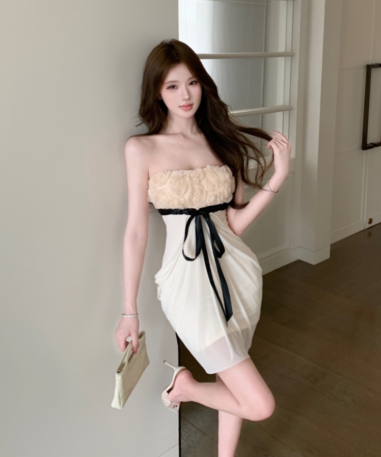 Flowers rose stereoscopic ladies wrapped chest unique gauze dress