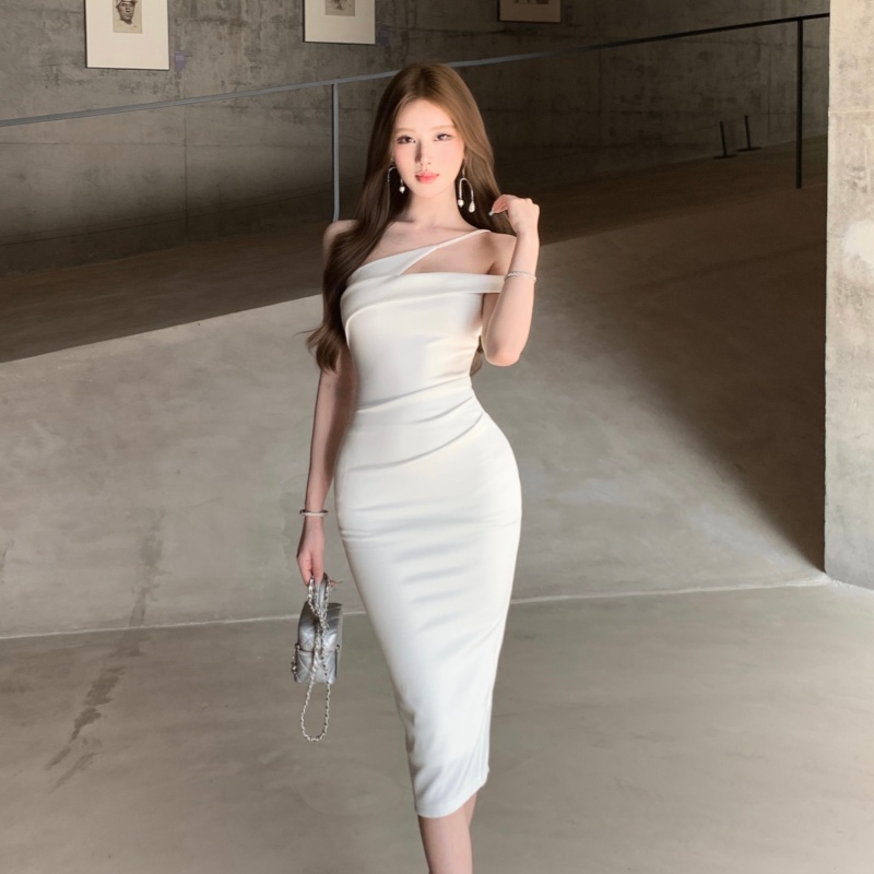 Summer irregular strapless long dress slim sling dress