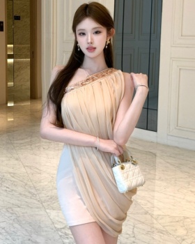 Sloping shoulder ladies rhinestone dress for women