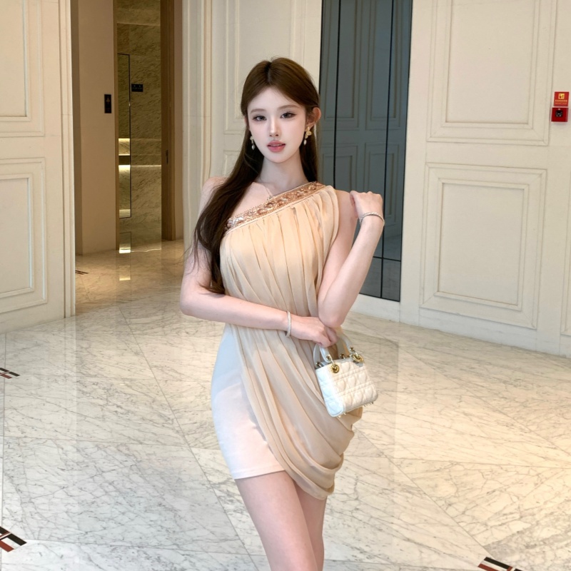 Sloping shoulder ladies rhinestone dress for women