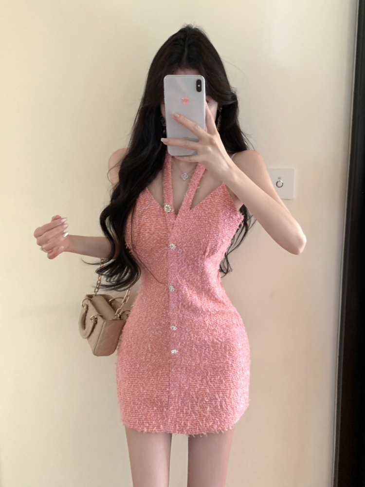 Slim short halter spicegirl single-breasted woolen dress