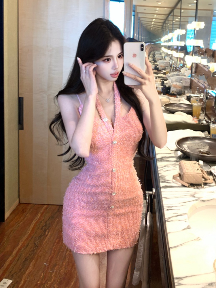 Slim short halter spicegirl single-breasted woolen dress