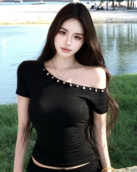 Pinched waist black tops rhinestone T-shirt