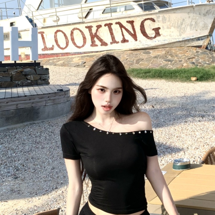 Pinched waist black tops rhinestone T-shirt