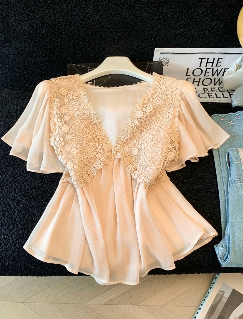 Loose tender chiffon tops short sleeve summer shirt