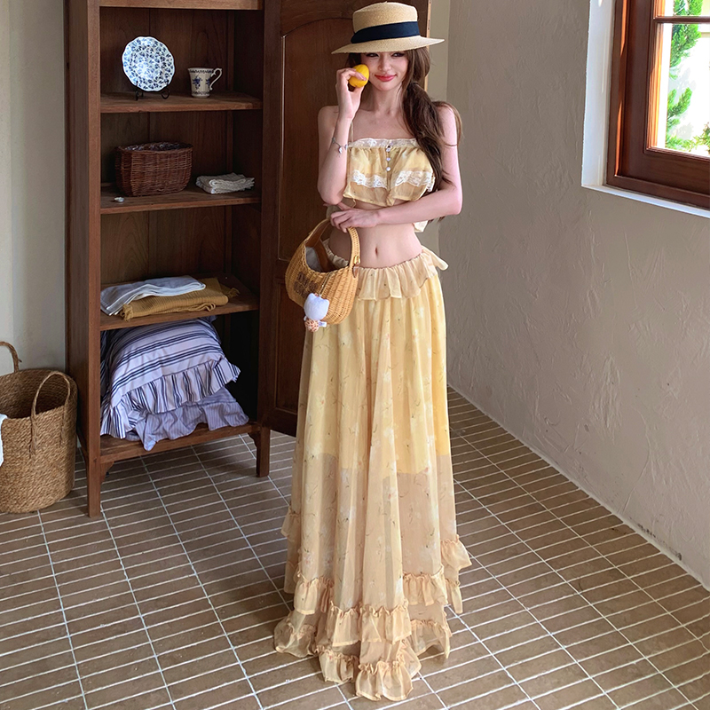 Sling vacation seaside lotus leaf edges skirt 2pcs set