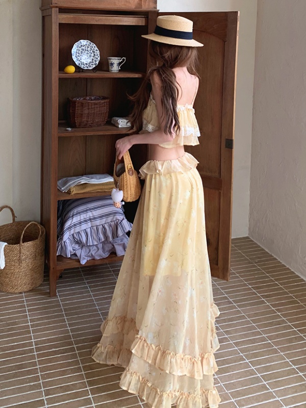 Sling vacation seaside lotus leaf edges skirt 2pcs set