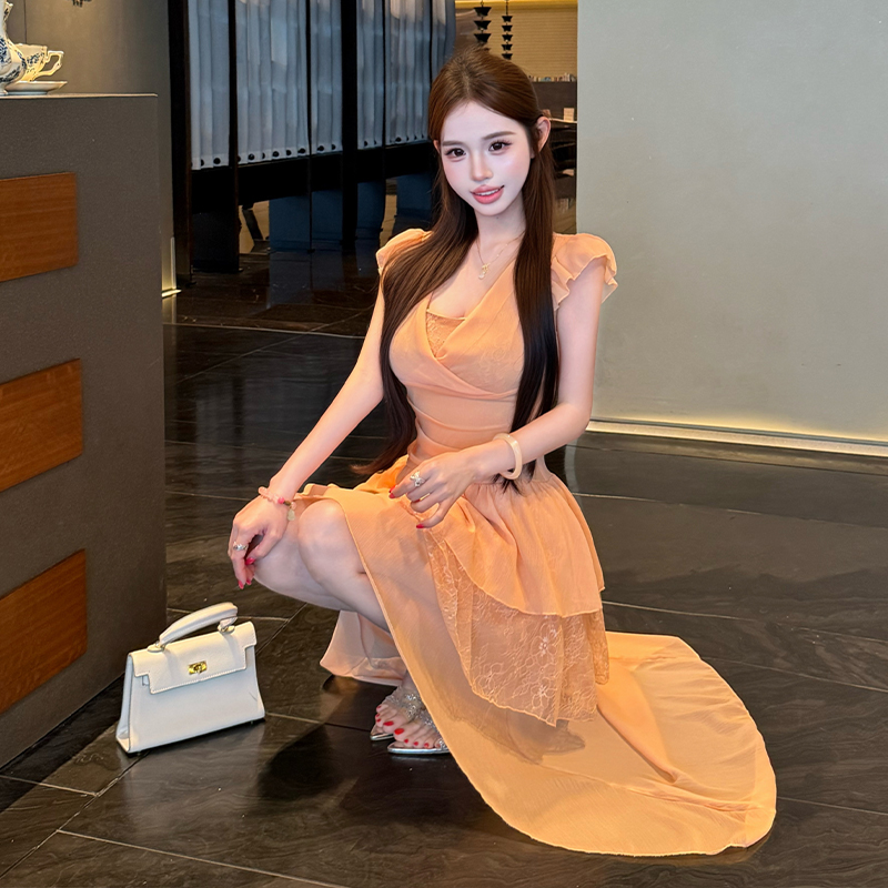 Romantic vacation splice lace enticement dress for women