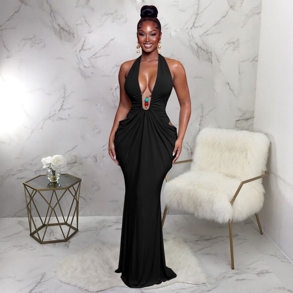 V-neck frenum dress halter sexy long dress for women