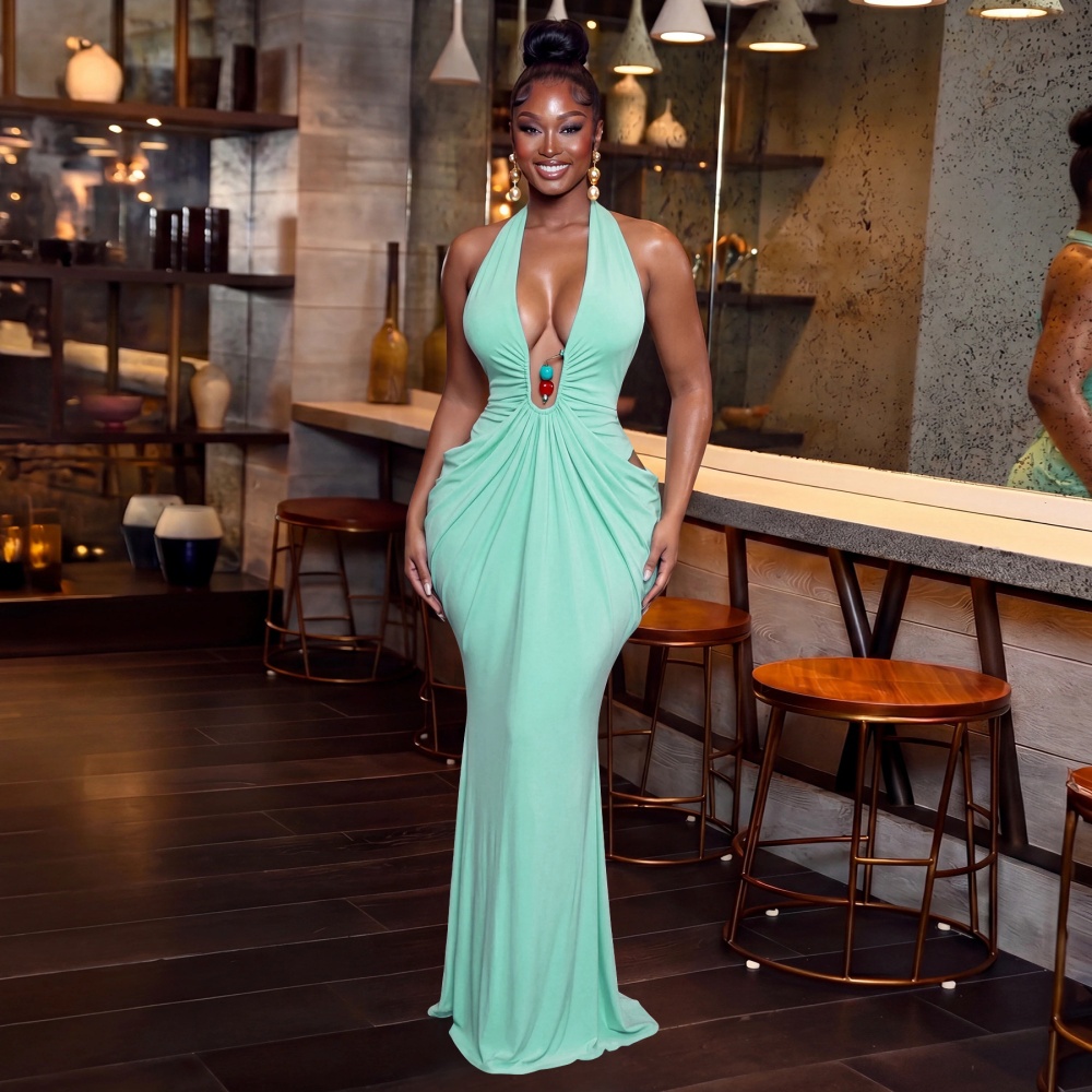 V-neck frenum dress halter sexy long dress for women