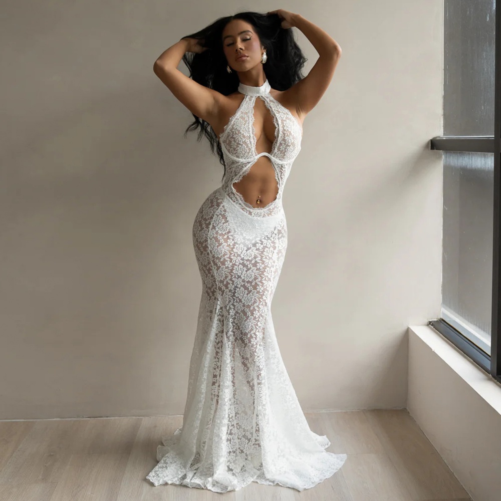 Hollow sexy dress European style lace long dress for women