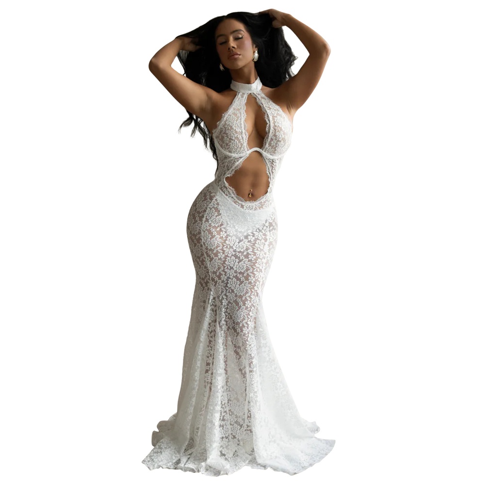 Hollow sexy dress European style lace long dress for women