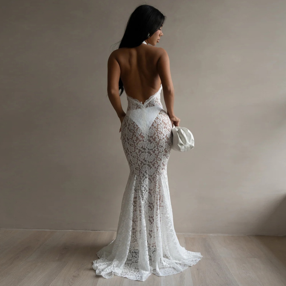 Hollow sexy dress European style lace long dress for women
