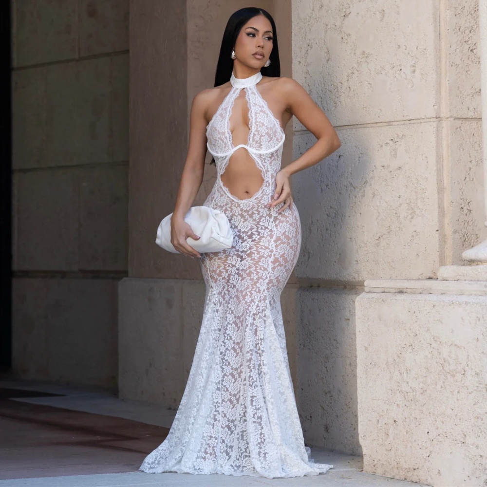 Hollow sexy dress European style lace long dress for women