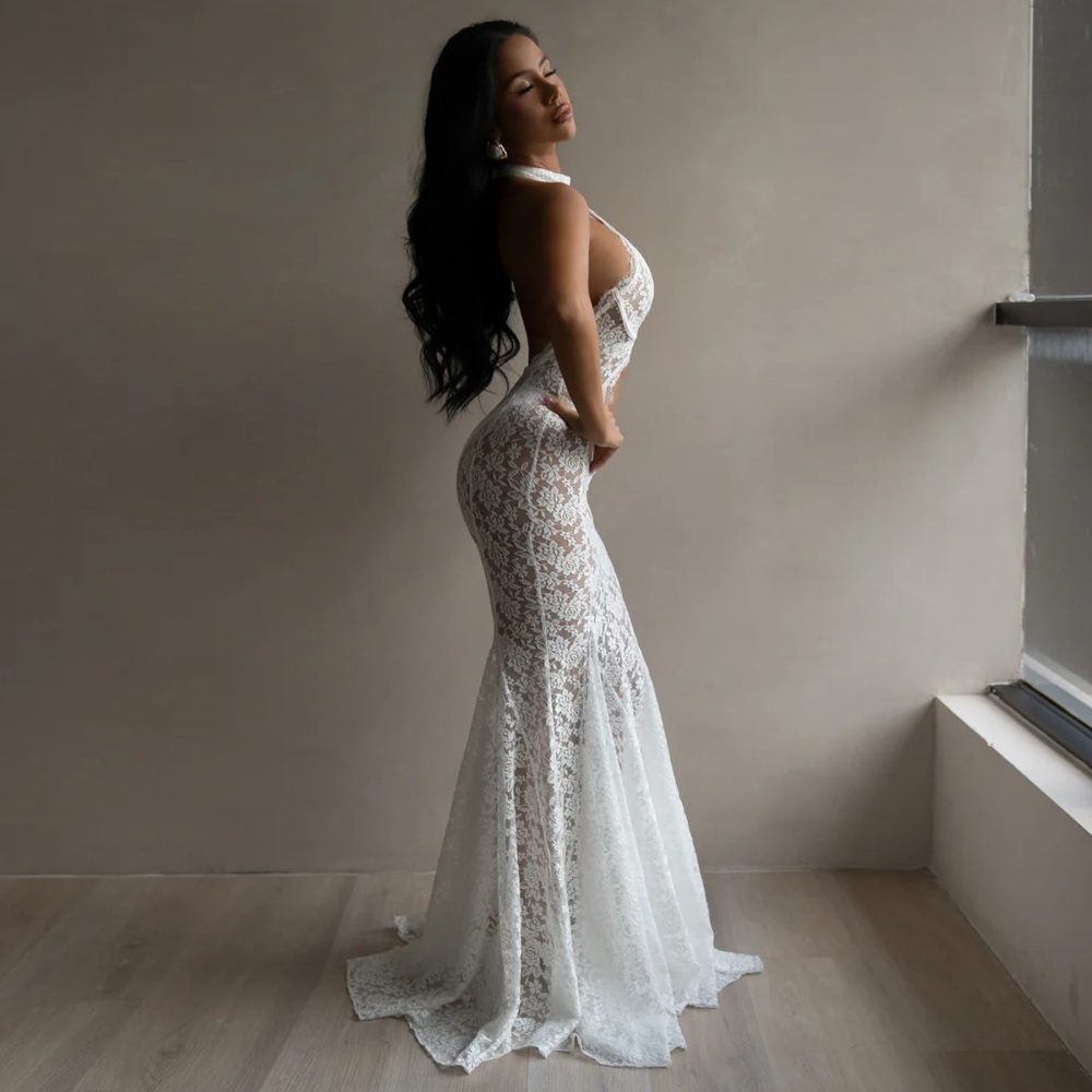 Hollow sexy dress European style lace long dress for women