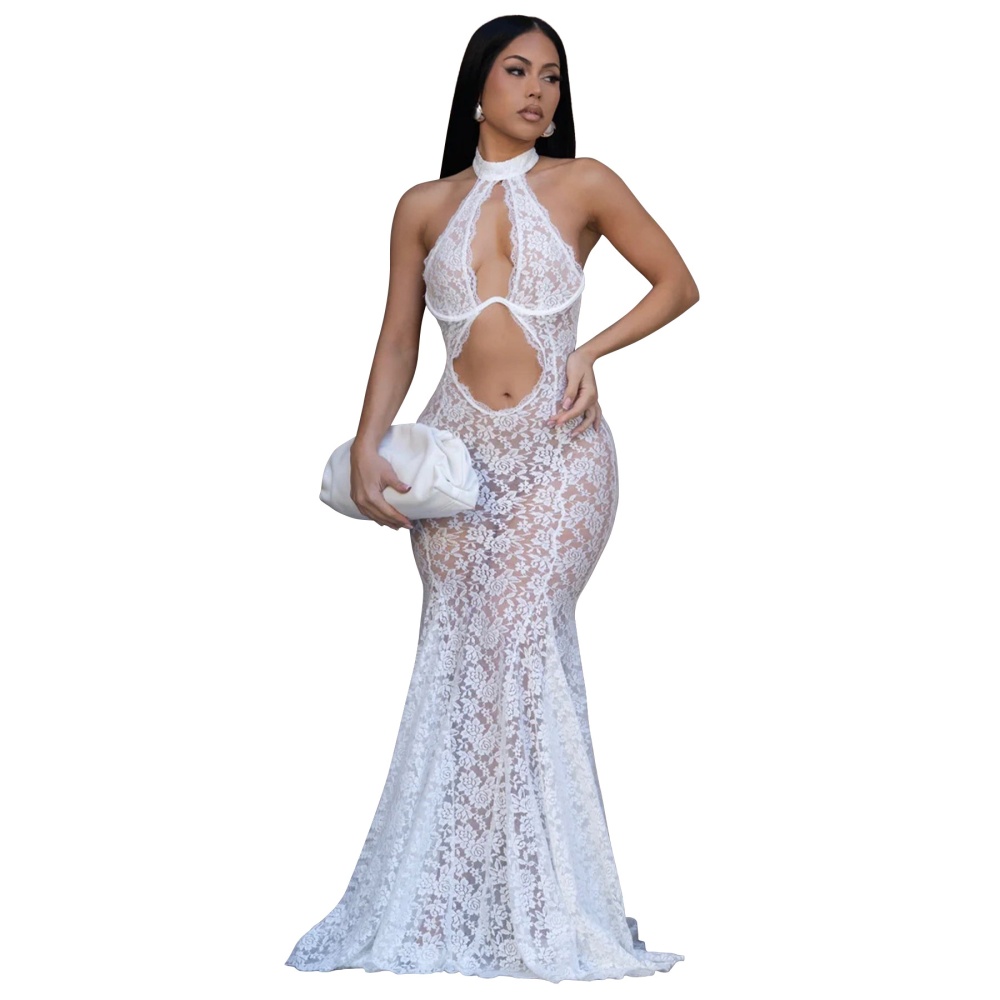 Hollow sexy dress European style lace long dress for women