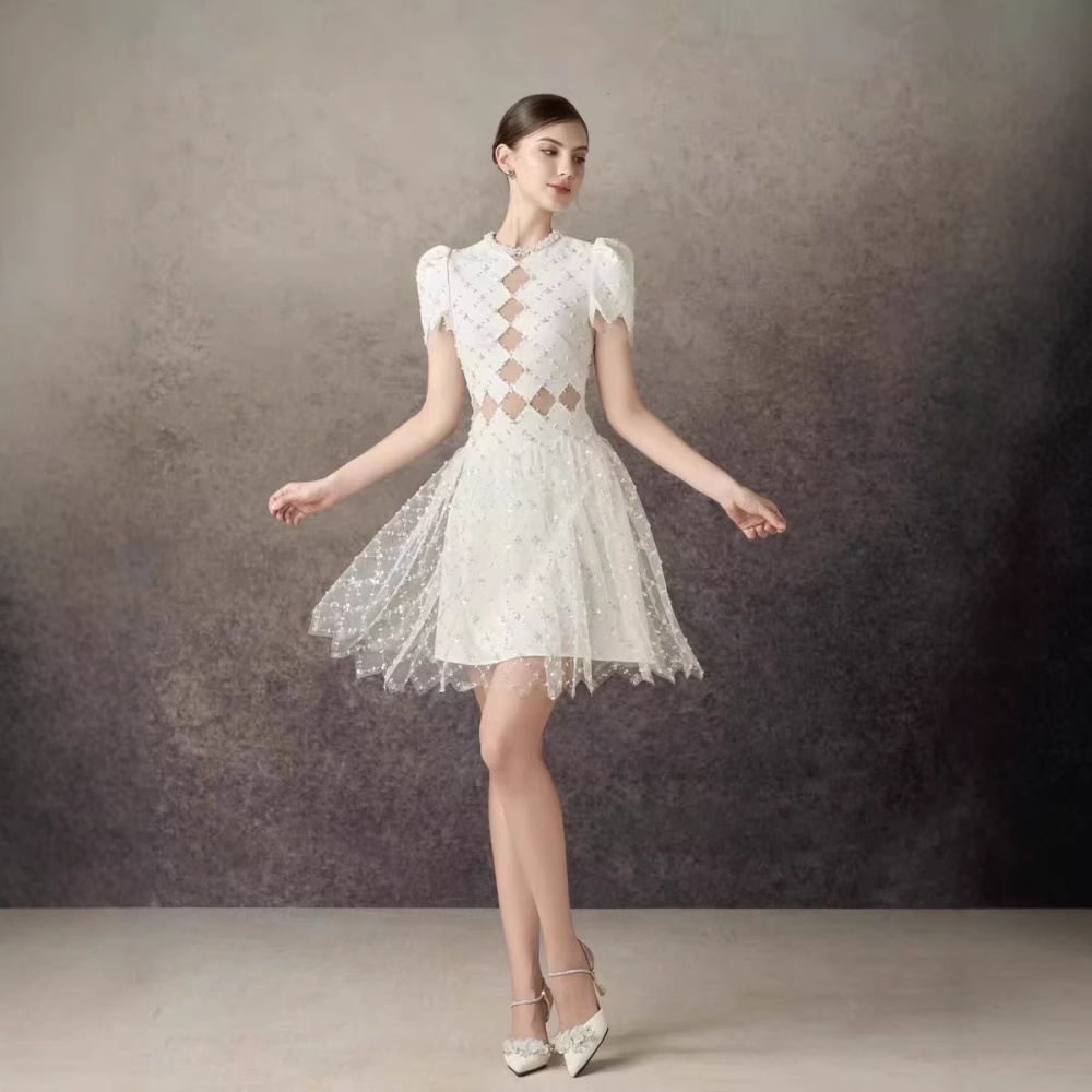 Ladies beading niche dress temperament slim gauze T-back