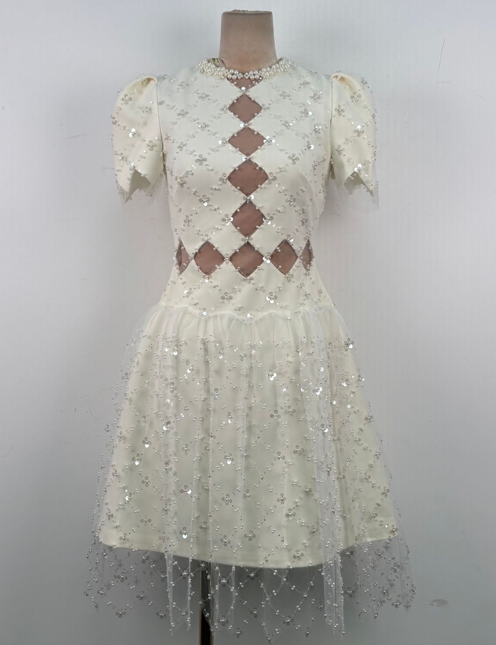 Ladies beading niche dress temperament slim gauze T-back