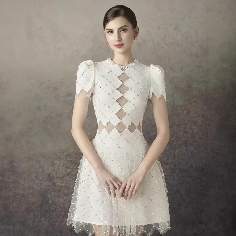 Ladies beading niche dress temperament slim gauze T-back
