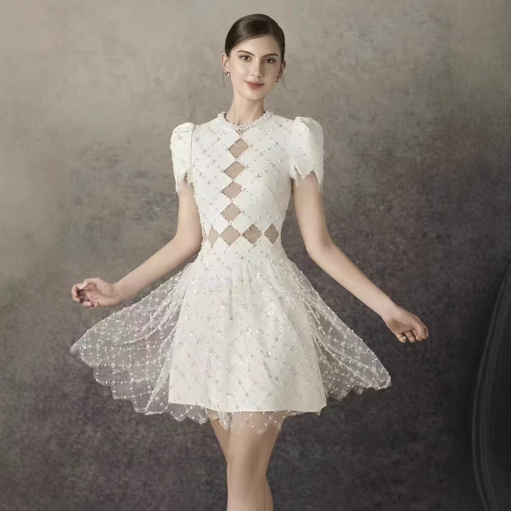 Ladies beading niche dress temperament slim gauze T-back