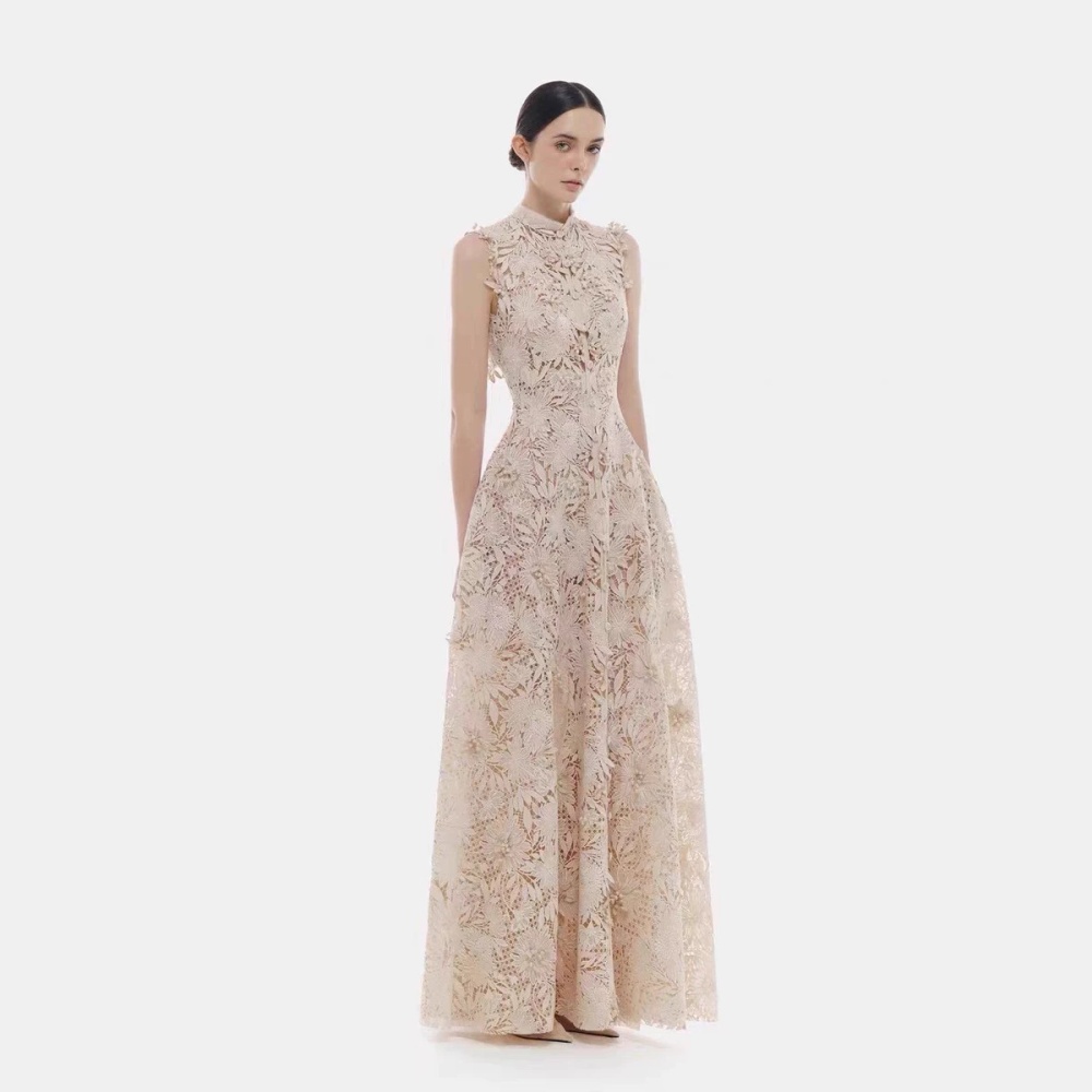 High collar niche long dress embroidery lace dress