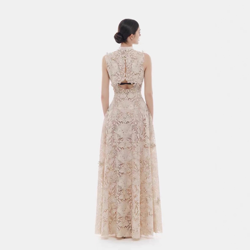 High collar niche long dress embroidery lace dress