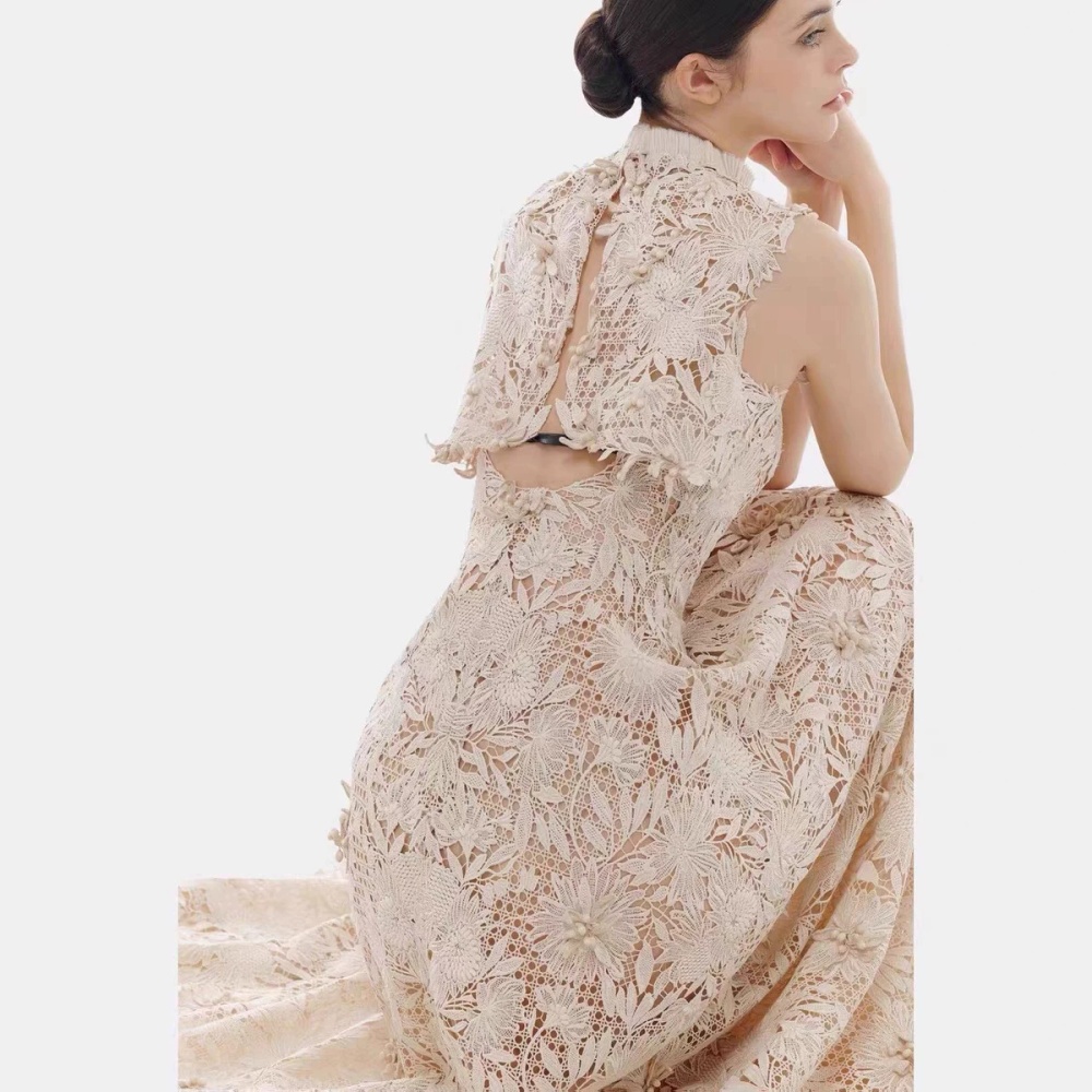 High collar niche long dress embroidery lace dress