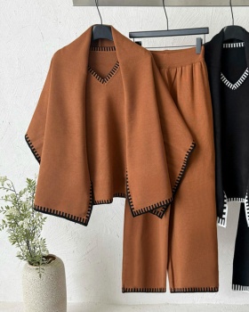 V-neck Casual coat wears outside wide leg pants 3pcs set