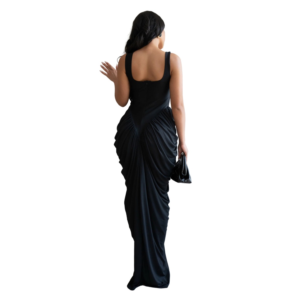 Chiffon sling long dress pinched waist evening dress
