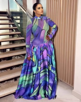Printing big skirt formal dress splice sexy long dress