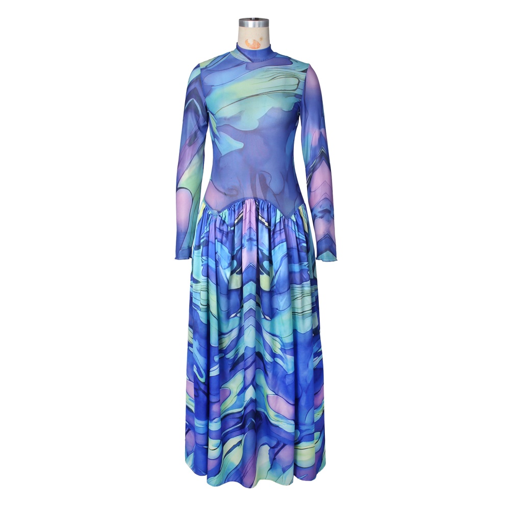 Printing big skirt formal dress splice sexy long dress