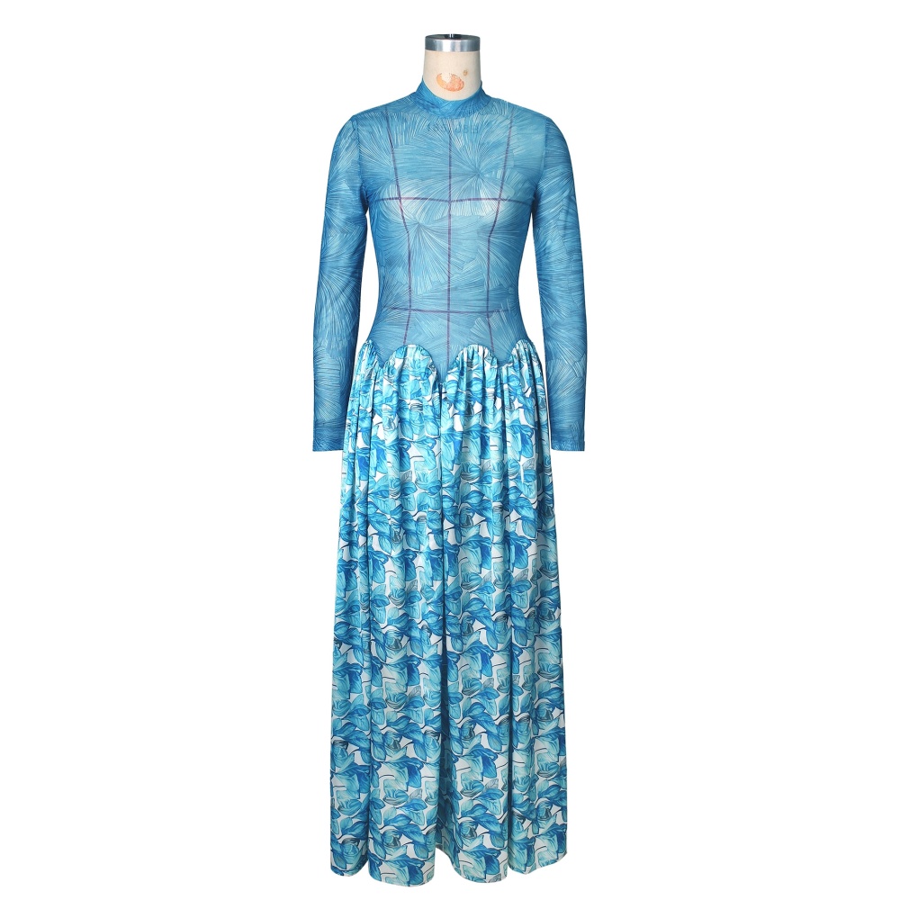 Printing big skirt formal dress splice sexy long dress