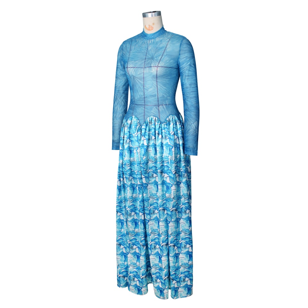 Printing big skirt formal dress splice sexy long dress