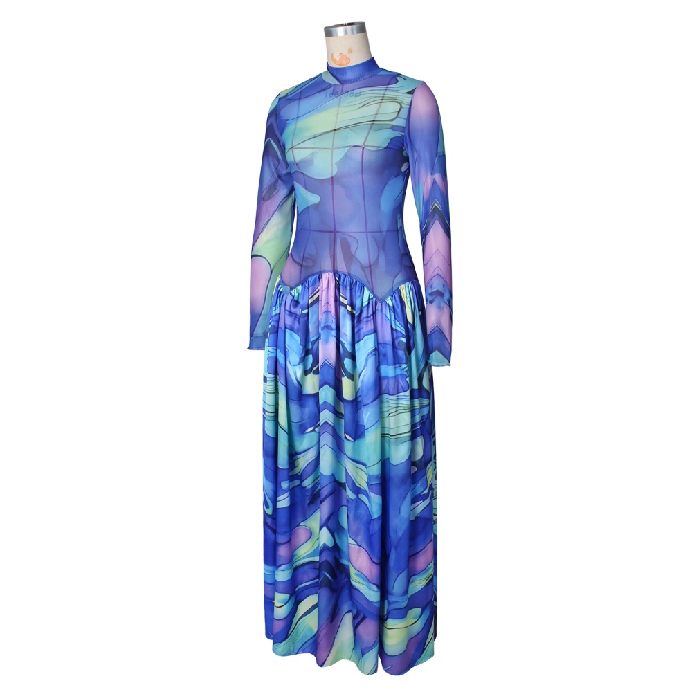 Printing big skirt formal dress splice sexy long dress