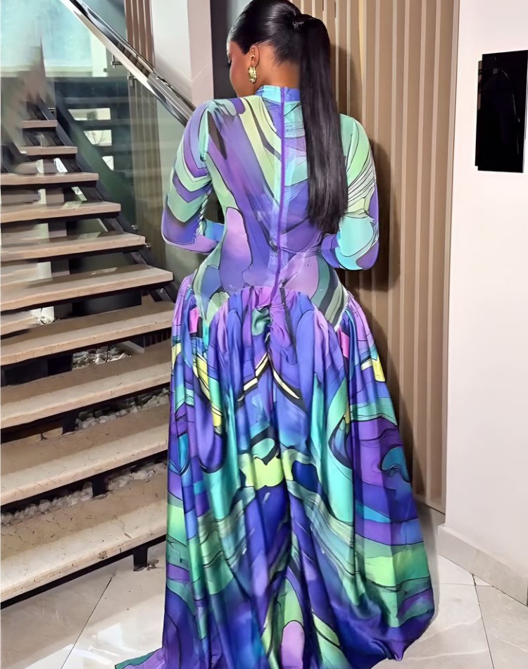 Printing big skirt formal dress splice sexy long dress