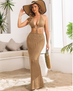 Halter V-neck smock sandy beach vacation dress