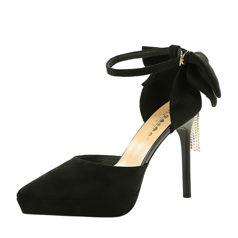 Banquet pointed black sandals rhinestone bow platform