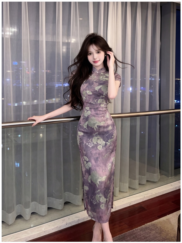 Printing temperament cheongsam slim dress for women