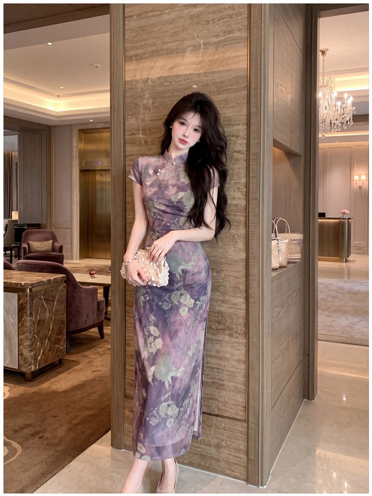 Printing temperament cheongsam slim dress for women