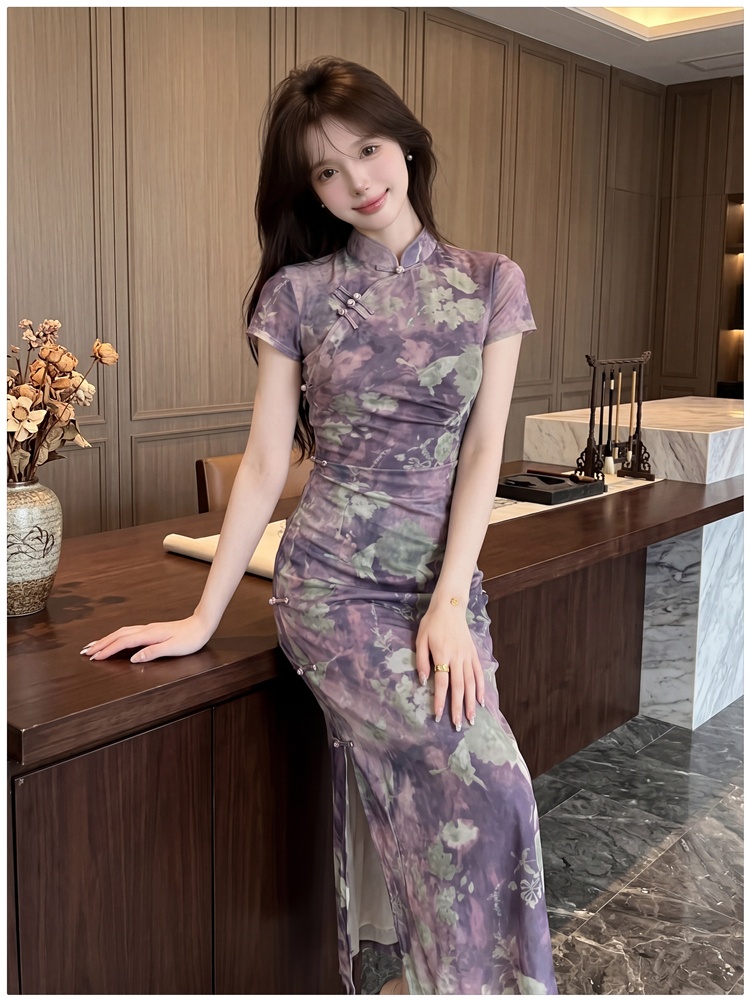 Printing temperament cheongsam slim dress for women