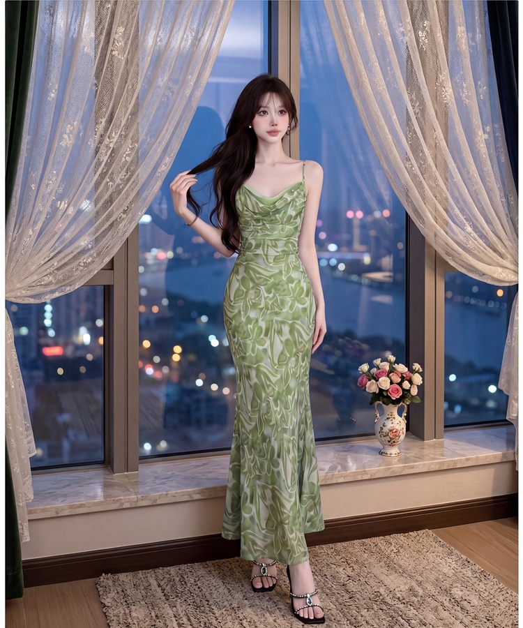 Floral temperament dress France style slim strap dress