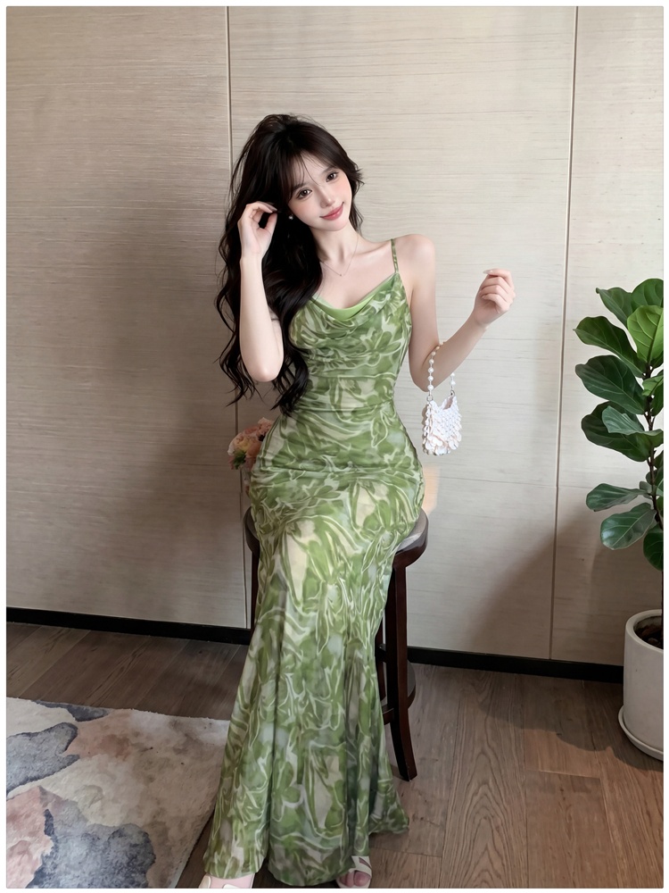 Floral temperament dress France style slim strap dress