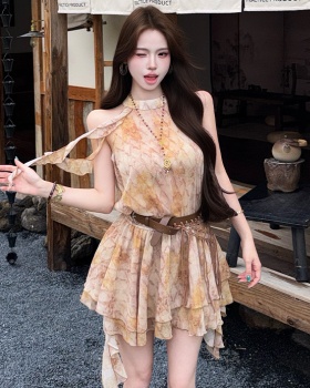 Chiffon vacation vest pinched waist dress for women
