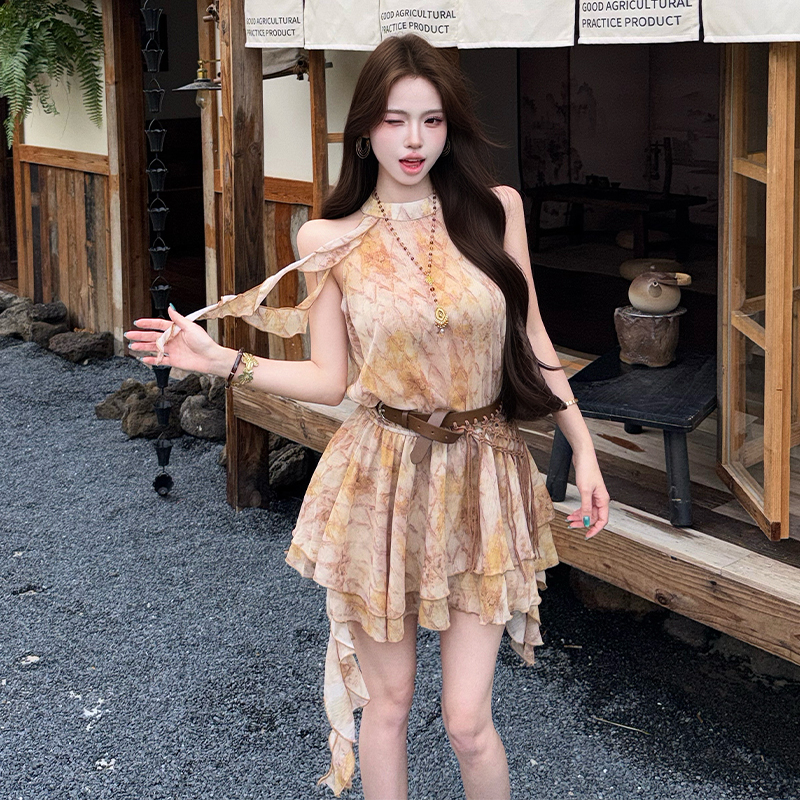 Chiffon vacation vest pinched waist dress for women