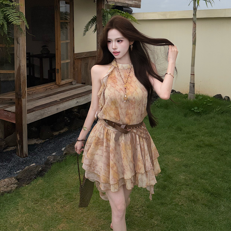 Chiffon vacation vest pinched waist dress for women
