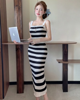 Mixed colors knitted dress sling slim long dress for women